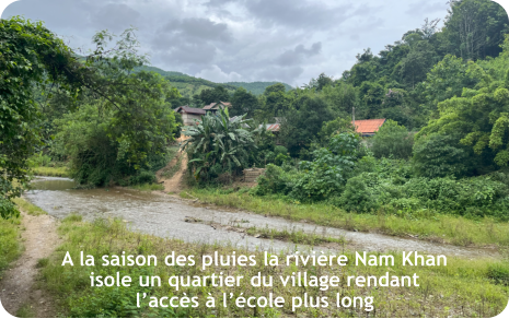 A la saison des pluies la rivière Nam Khan isole un quartier du village rendant l’accès à l’école plus long